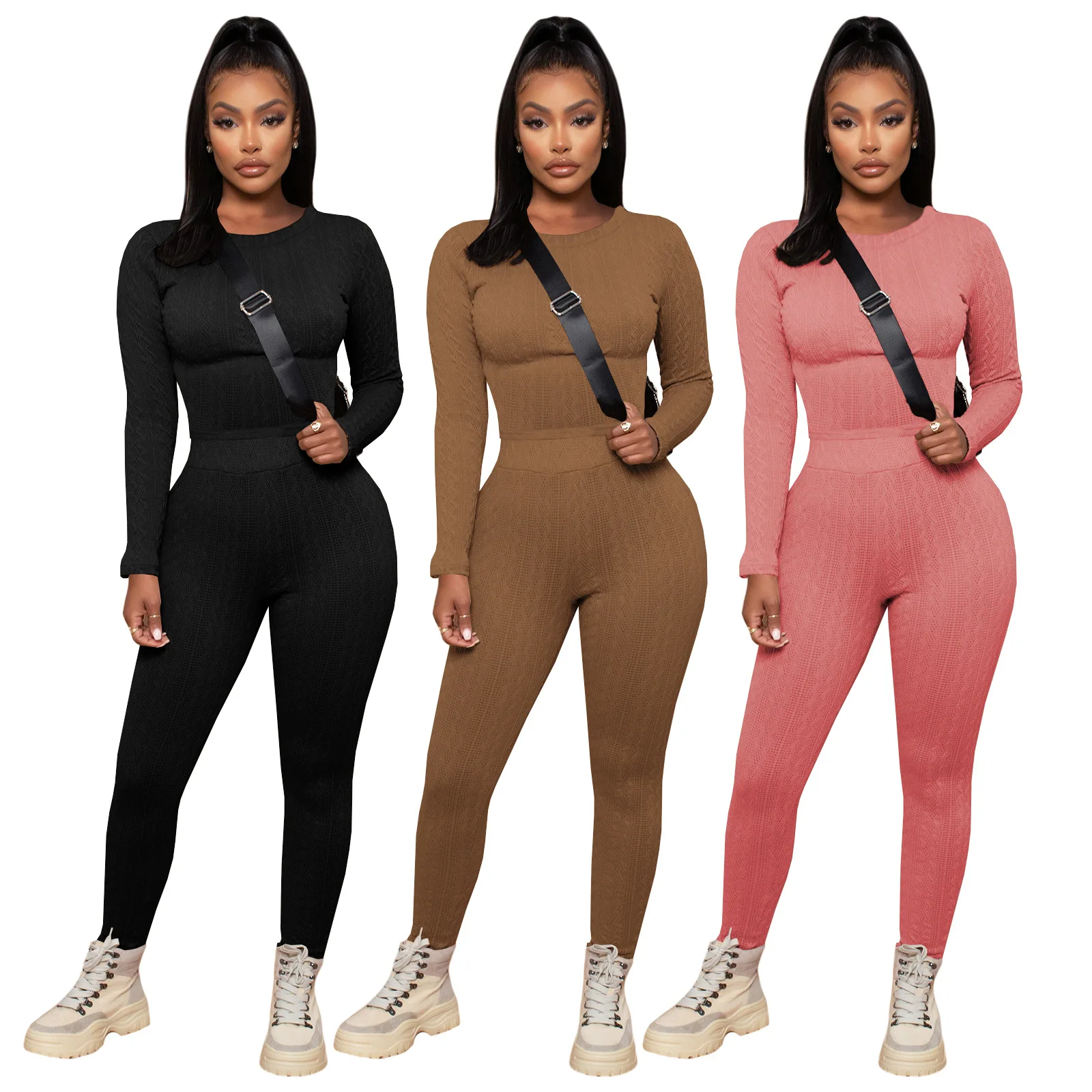 

Fall set woman high elastic solid color sweater trousers suit custom logo two piece pants set, As show