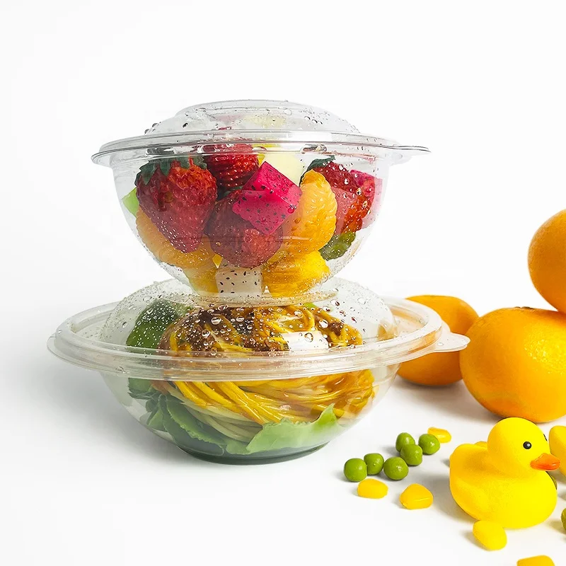 

Clear Round Compostable Eco Disposable Food Fruit Packing 100% Biodegradable Takeaway 16oz/24oz/32oz Pla Salad Bowl With Lid