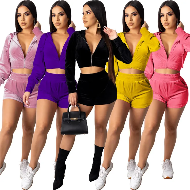 

Fall New 2021 Two Piece Set Women Clothing Velvet Tracksuit Fashion 2 Piece Women Biker Short Set Solid Joggers Suit Set, As picture