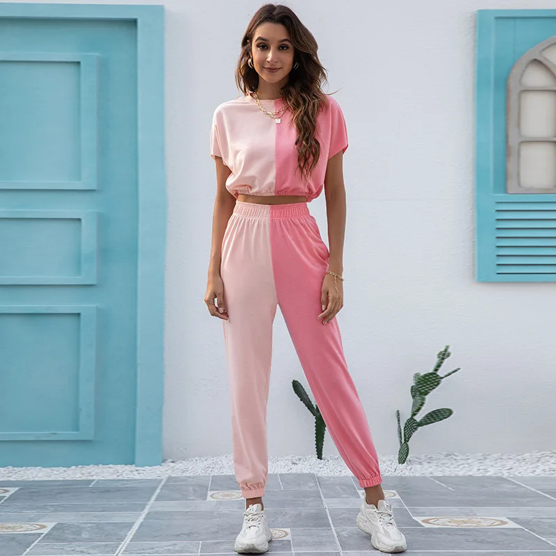 

F20652A Hot sale women two piece set fashionable off-the-shoulder sports suit in contrasting colors for women, Pink, black