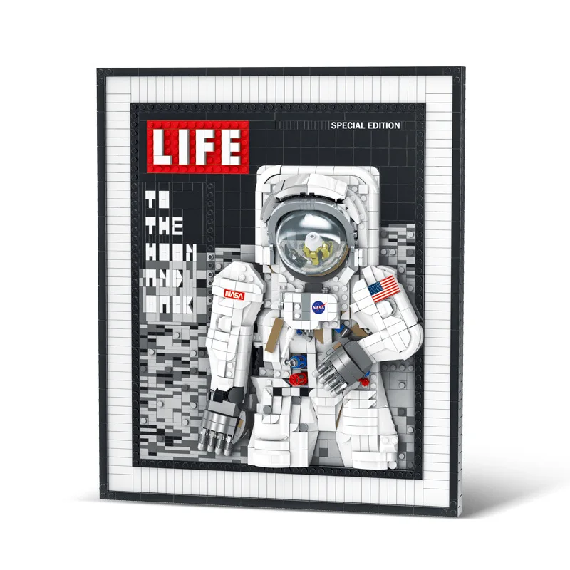 

MORK 031005 Astronaut To The Moon And Back toy bricks Spaceman photo frame blocks for kids MOC Art stack block