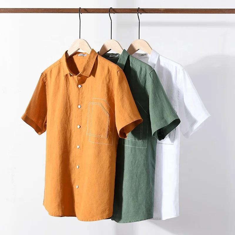

Popular high quality square neck short sleeve casual men shirt linen, Solid color