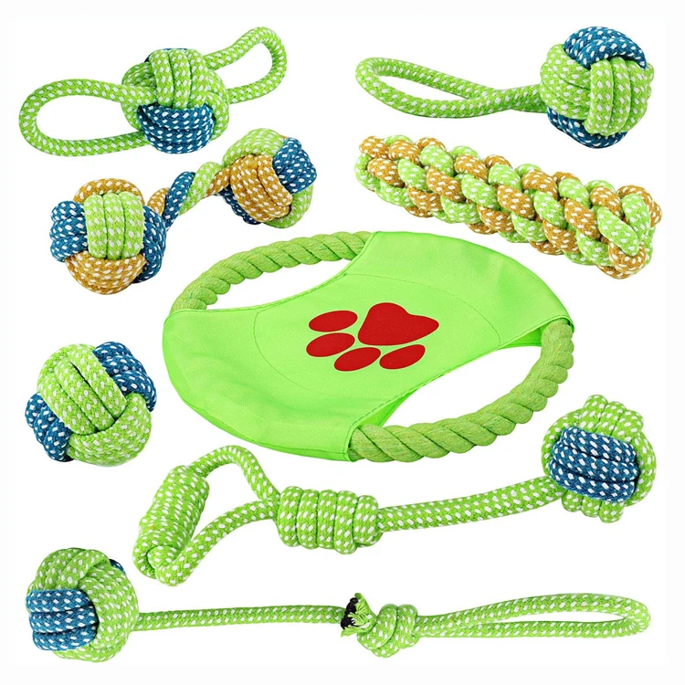 

Wholesale custom pet dog chew toy pack set ball cotton rope dog toy durable chewing interactive dog toy set, Green or customized