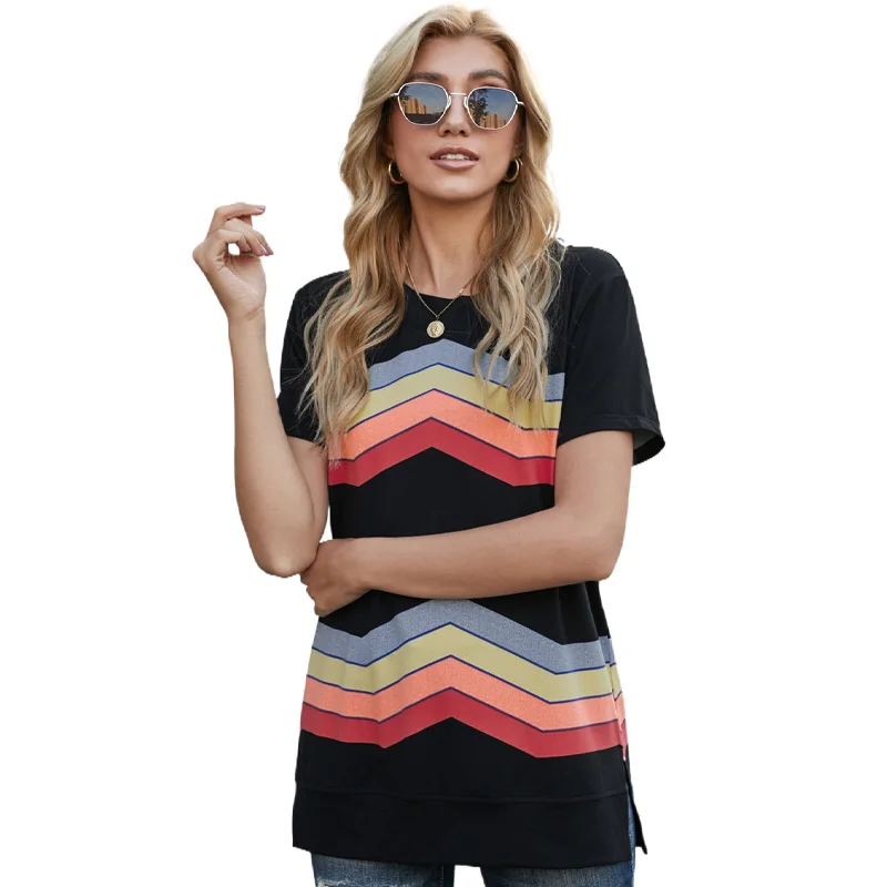 

2021 Women Clothes Women's T-shirt Short Sleeve Tee Colorful Wavy Striped T Shirt