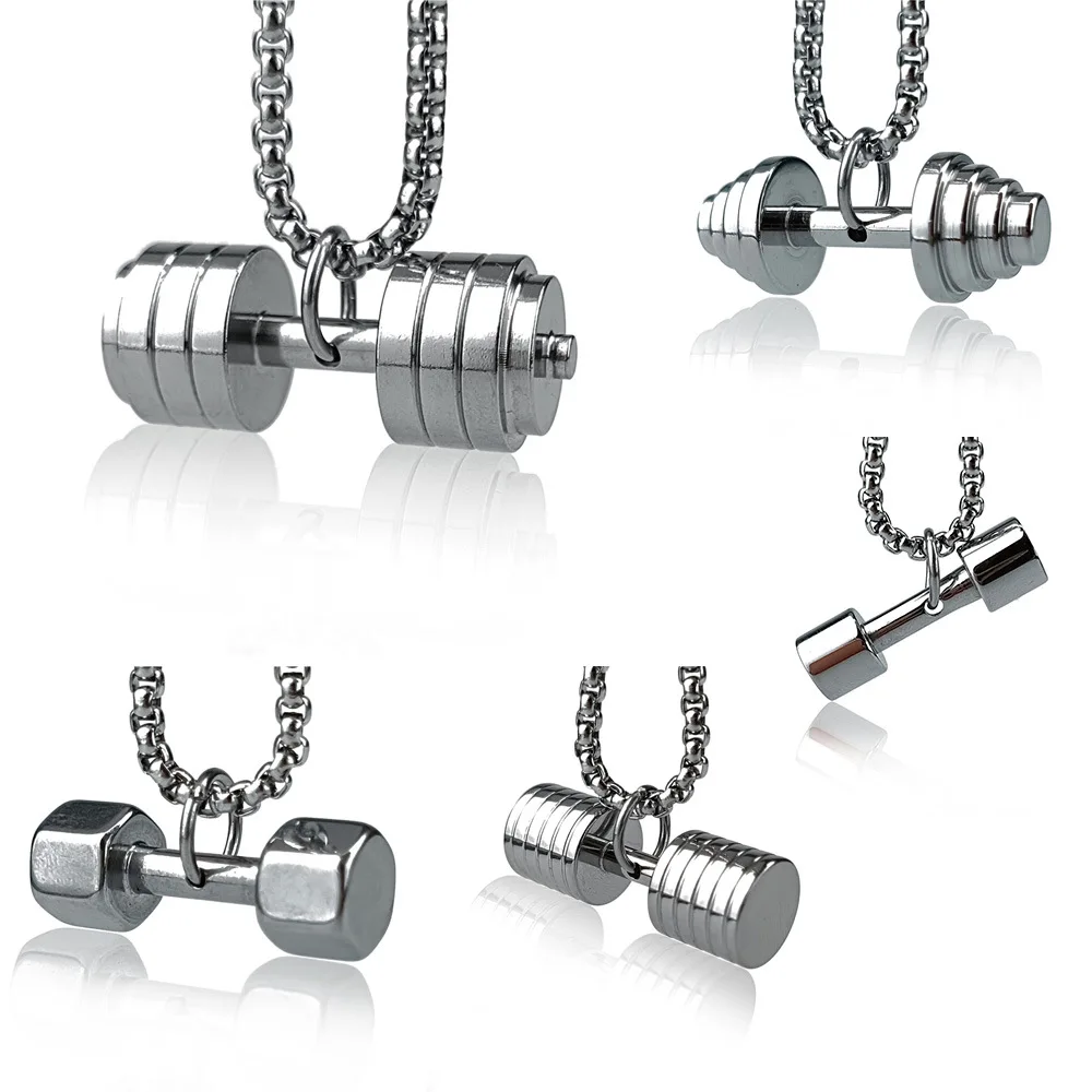 Hip Hop Sports Fitness Barbell Necklace Square Box Chain Stainless Steel Dumbbell Charm Necklace for Men