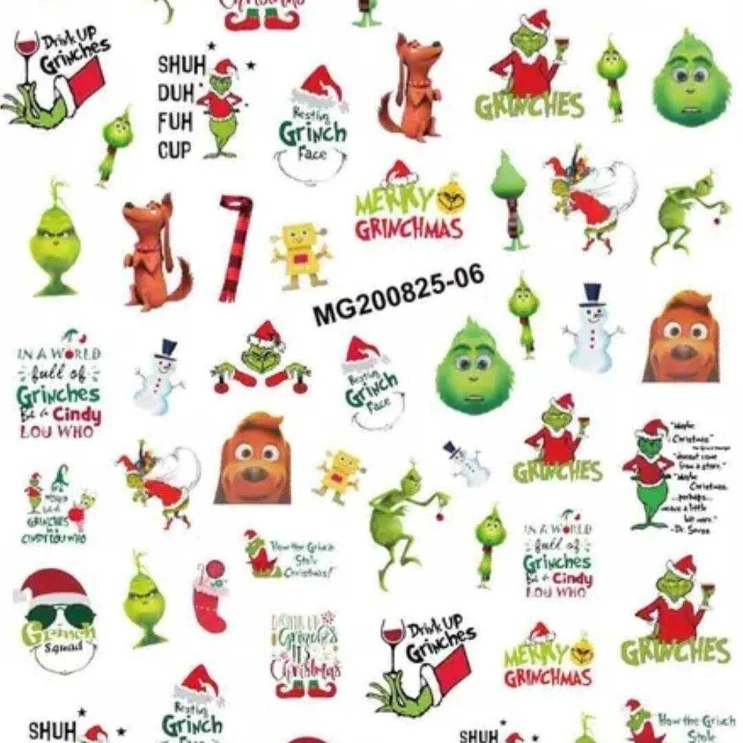 

High quality christmas MG Grinch nail sticker cow milk sticker