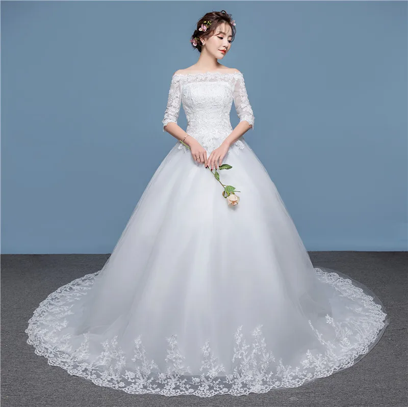 

Korea Fashion Elegant Off Shoulder short Sleeve V neck Slimming Long Tail Ivory Lace Wedding Gown For Bride, Ivory wedding gown