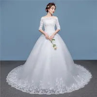

Korea Fashion Elegant Off Shoulder short Sleeve Slimming Long Tail Ivory Lace Wedding Gown For Bride