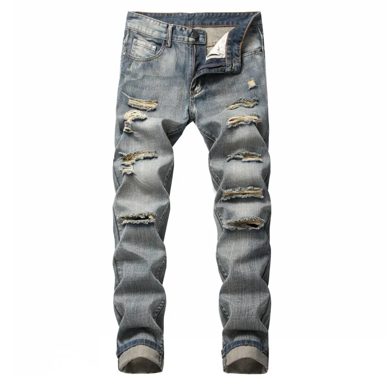 

Retro Hole Ripped Jeans Men Hollow Out Beggar Cropped Straight Pants Man Cowboys Demin Jean Pants Male C12897