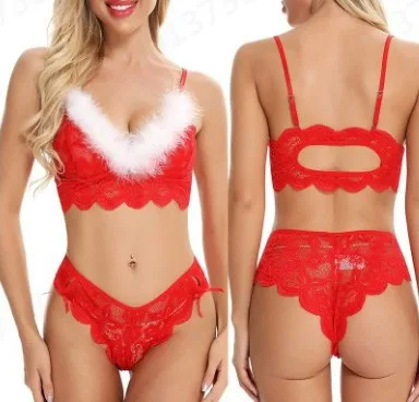 

Sexy Christmas Bra Sets Red Sheer Mesh Christmas Lingerie Women Faux Fur Bra G-string Thong Set Transparent Erotic Lingerie