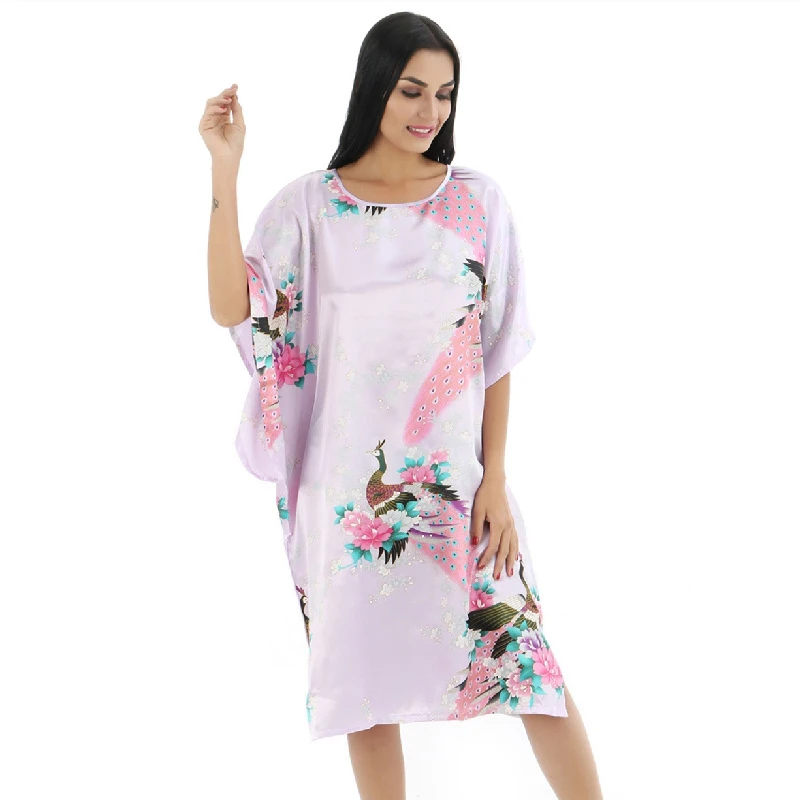 

Printed peacock plus size nightdress female summer loose half-sleeved thin section pullover satin short robe, Printed patterns in different colors