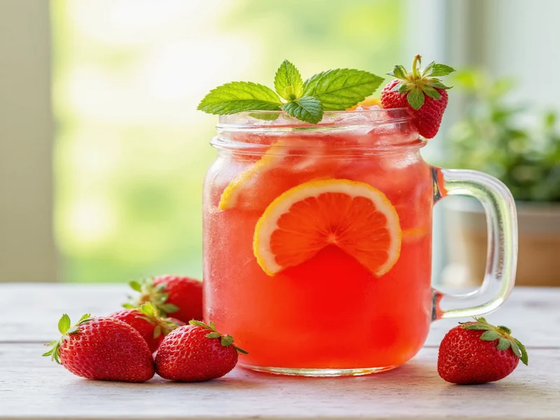Homemade strawberry lemonade in mason jar with mint garnish