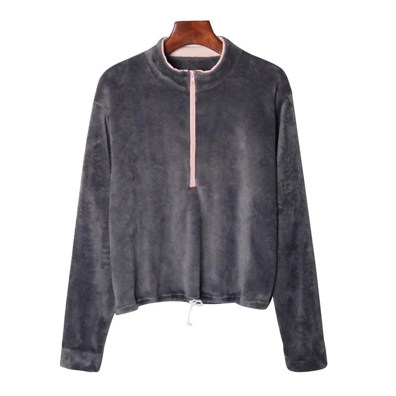 

Free Shipping Autumn Top Lady's Grey Warm Flannel Hoodie, 1 color
