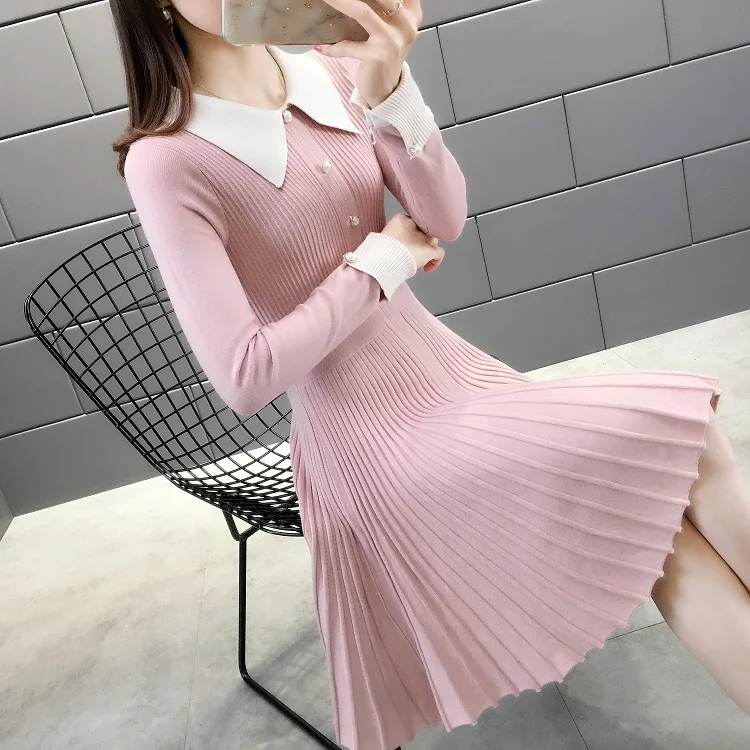 

New arrival french style turn down collar slim fit beading loose hip sweater dress