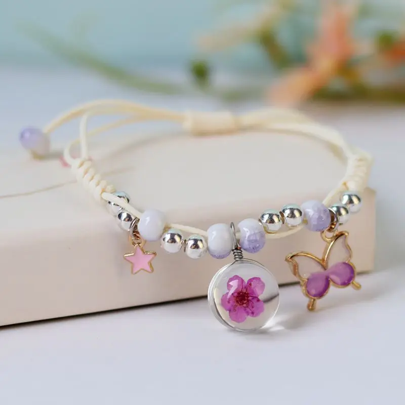 

Fresh and Sweet Crystal Glass Beads Dry Flower Real Flower Bracelet Handwoven Adjustable Bracelet women Jewelry