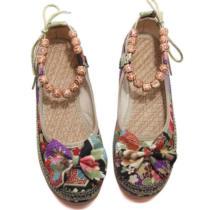 

Woman Round Head Ethnic Style Shallow Mouth Bow Wedge Heeled Women's Beaded Plus Size Shoes, As the picture display