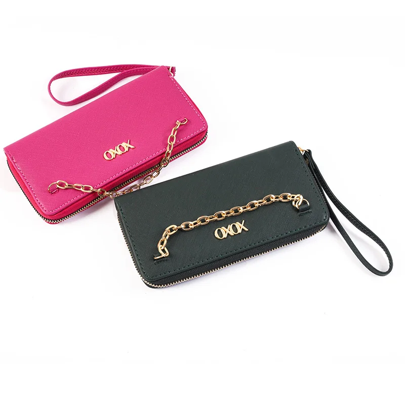

Stylish and unique design long zipper purses high quality solid color pu leather wallet for women, Black+rose red