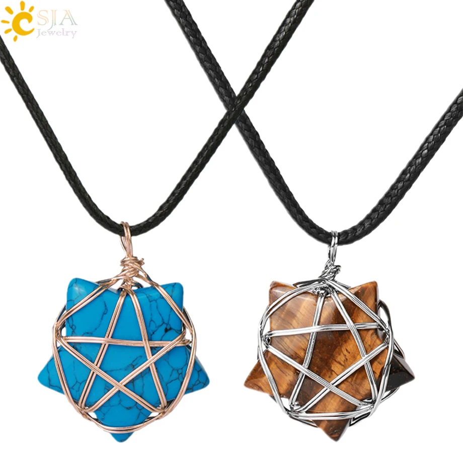 CSJA fashion jewelry necklaces natural stones crystal healing wire wrapped star pendant best friend necklace H004