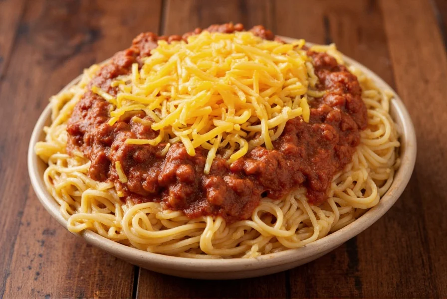 Traditional Skyline Chili 3-way dish served in a bowl with spaghetti, chili, and cheese