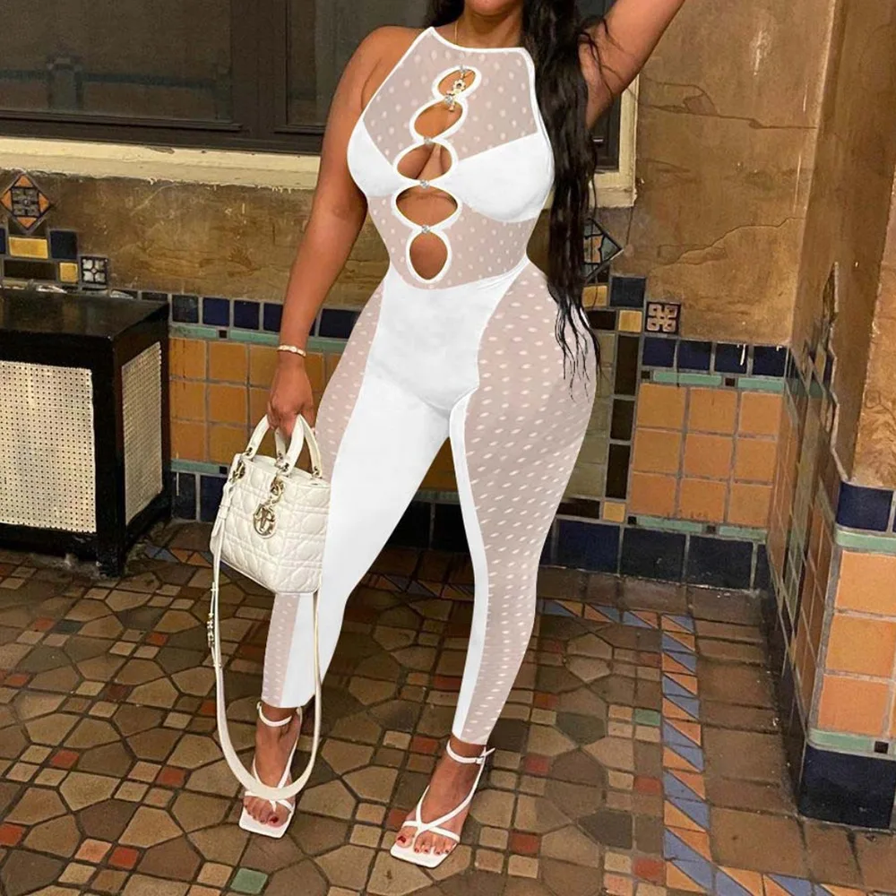 

Sexy Sheer Mesh Patchwork Jumpsuit Women Sleeveless Cut Out Rhinestone Leggings Club Outfits Skinny Rompers Overalls One Piece