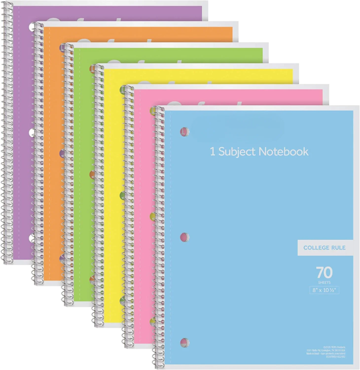 

Spiral Notebook 6 Pack 1 Subject College Ruled Paper 8 x 10-1/2 Inch Pastel Pink Orange Yellow Green Blue and Purple 70Sheets