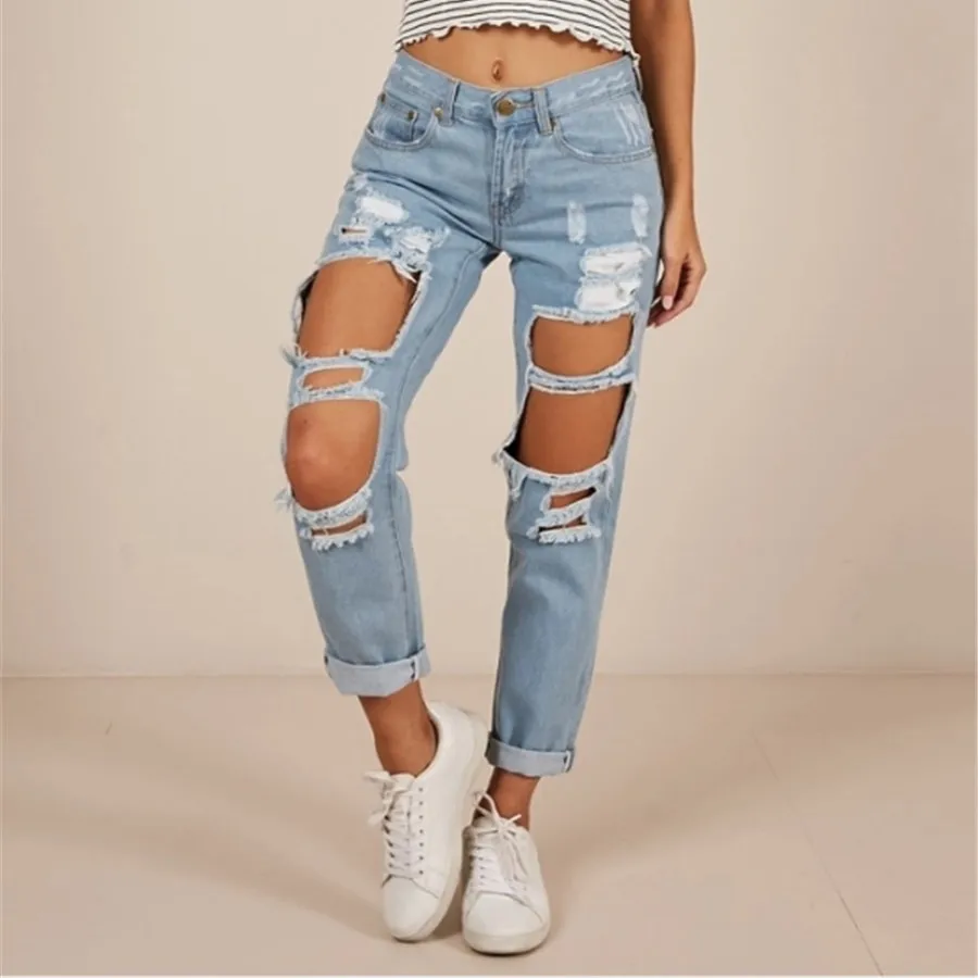 

Straight Ripped Jeans Fall Winter Casual Women Slim Fit Ripped Plus Size Jeans Russia Women Clothing, Light blue