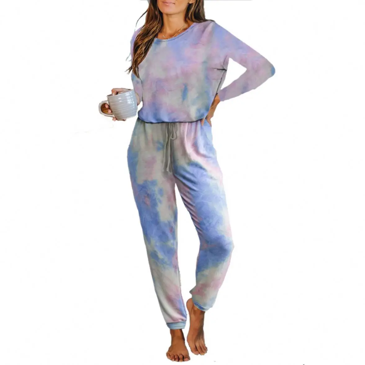 

Hot Selling Tie Dye Long Sleeve Casual Home Suit 2 Piece Winter Pajamas Women Polyester Sleepwear, As shown