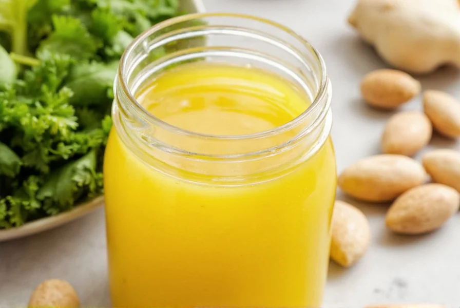 Three small glass jars containing different variations of ginger dressing with fresh herbs sprinkled on top