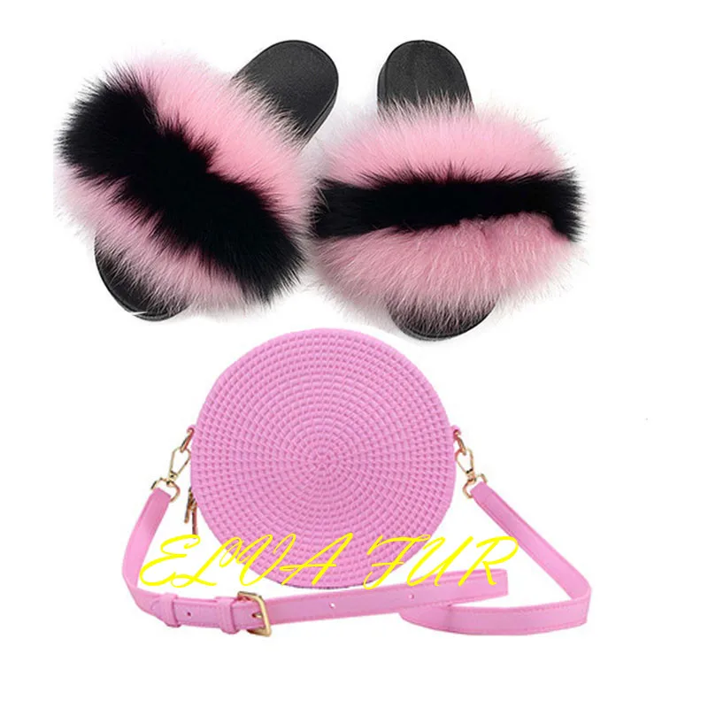 

2020 ELVA FUR Women design summer flip-flops eva sole slides fox fur slippers fur slides, Colours