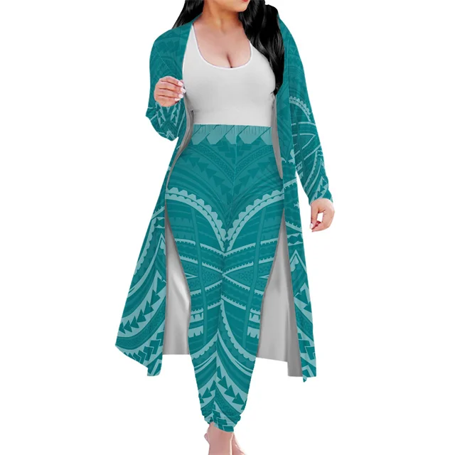 

Polynesian Tribal Clothing green Samoan Print Two Piece Set Women Clothing 2021 Lady Long Coat kimono Leggings suit, Customized color