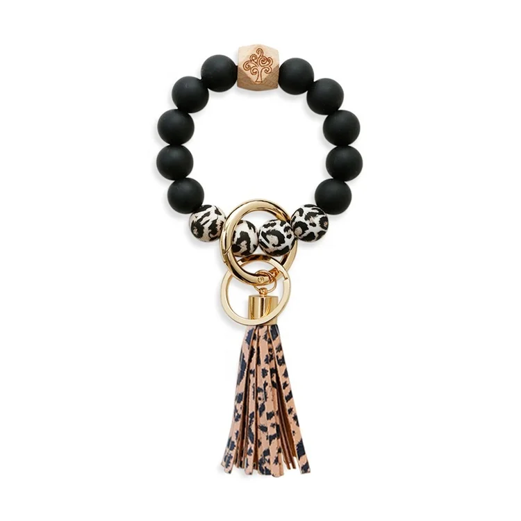

Fashion Leopard Leather Tassel Keychain Food Grade Silicone Beads Lucky Charm Bracelet, Leopard print
