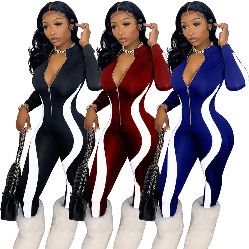

Wholesale New Style Printed Color Matching Irregular Zipper Stripe Casual Womens Fashion Jumpsuit, Solid color