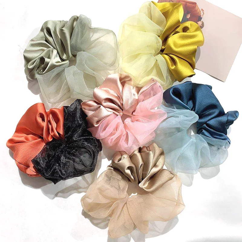 

Custom Simulation Silk Organza Matching Hair Band Women Large Elastic Korean Lady Ponytail Scrunchies, 5 colors