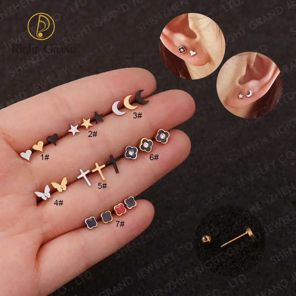 

Trendy Jewelry Black Gold Plated Stainless Steel Tiny Clover Flower Moon Star Cross Butterfly Stud Earring