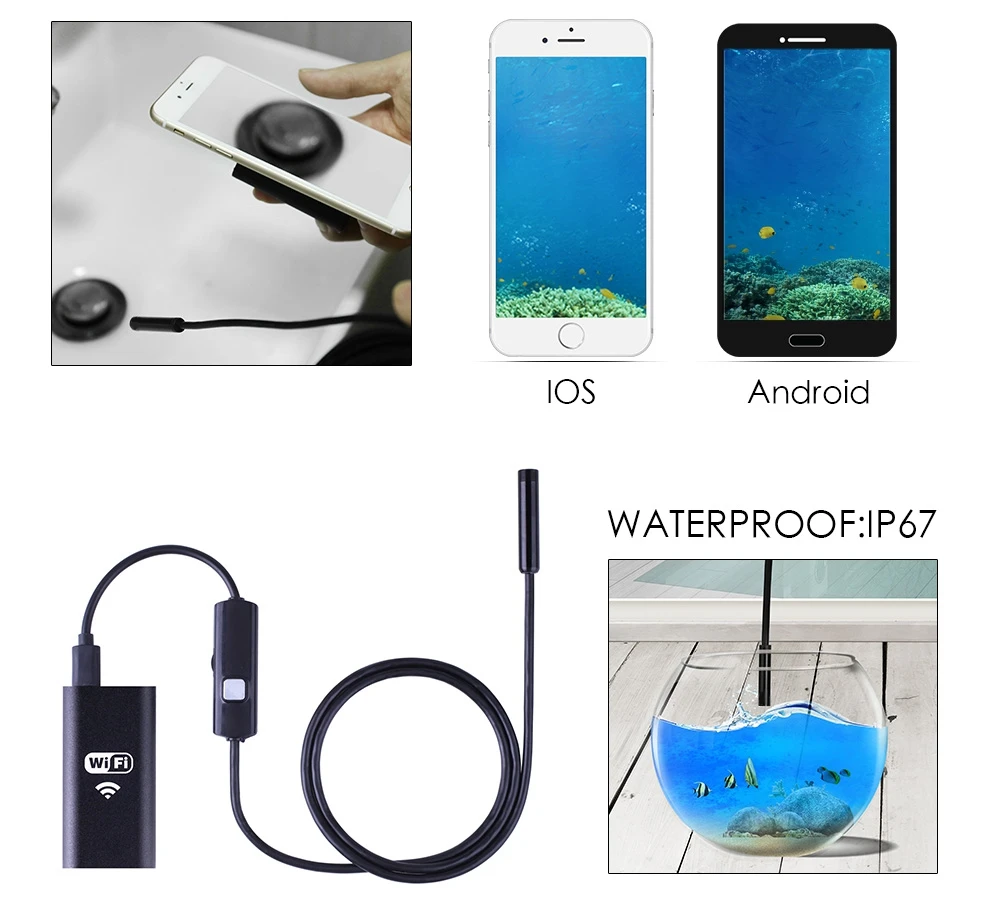 Wifi Endoscope Camera Android 720P 8mm 2m Cable Snake Flexible iPhone Android