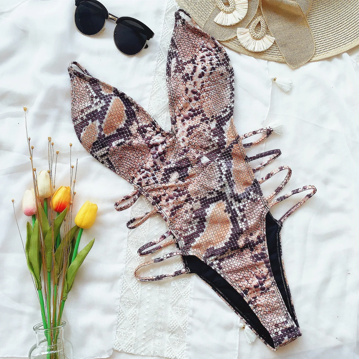 

Wholesale Summer Cheap Bikini Girl Sexy Snakeskin Print One Piece Swimsuit, Accept customized