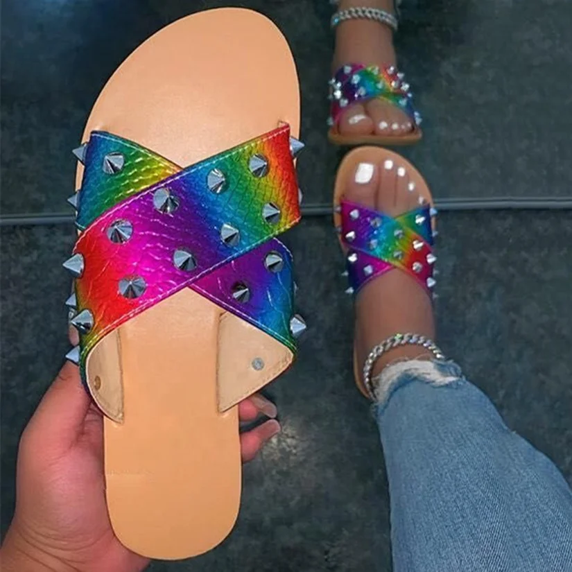 

Rivets Ornament Colorful Cross Band Round Toe Female Outside Slides Snakeskin Thick Sole Summer Women Slippers Women's Shoes, Black,orange,mixed,snakeskin