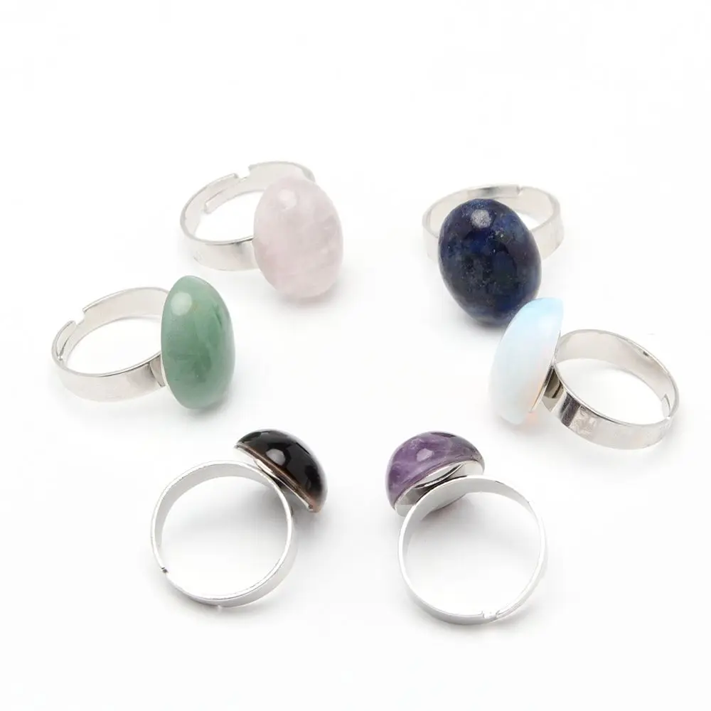 

Natural Stone Oval Creative Simplicity Ring Amethyst Rose Quartz Green Aventurine Aura Ring Fashion Charm Crystal Jewelry