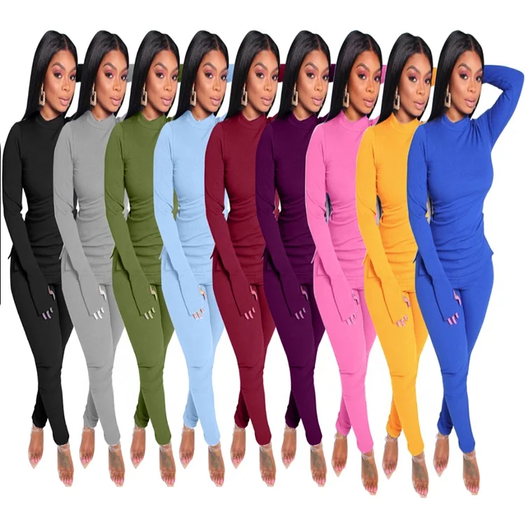 

Wholesale fashion solid color stand collar women's casual sports jogger two piece sets