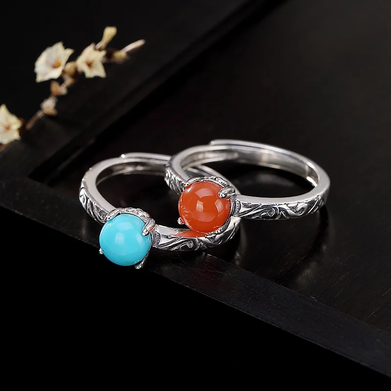 

Hot Sale 925 Sterling Silver Natural South Red Agate Turquoise Inlaid Personality Simple For Lady Adjustable Opening Women Rings