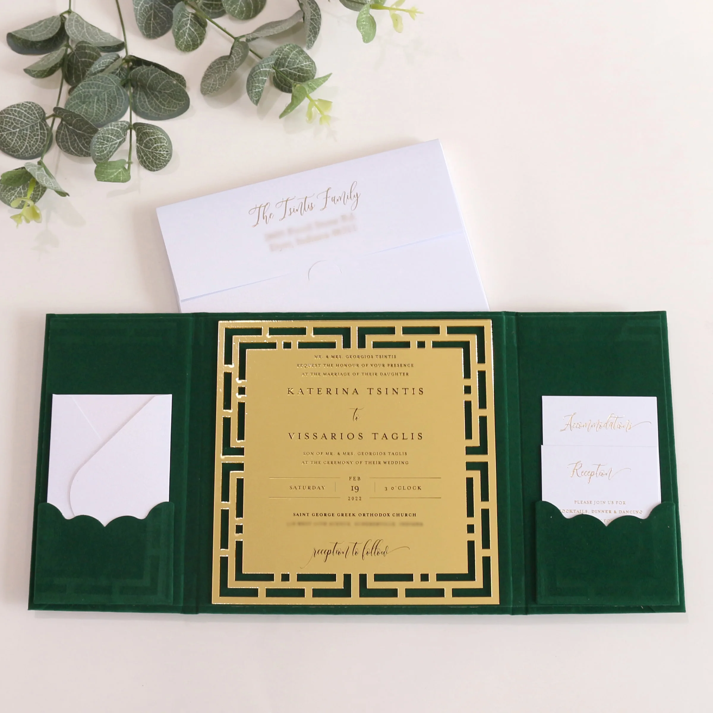 

Dark Green Tri-fold Card Birthday Invitation Mirror Acrylic Velvet Grey Board with Envelope Wedding Cards