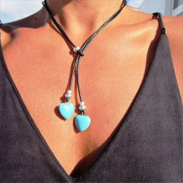 

Bohemian Ethnic Style Faux Turquoise Double Heart Pendant Necklaces for Women Vintage Leather Cord Beach Vacation Party Jewelry