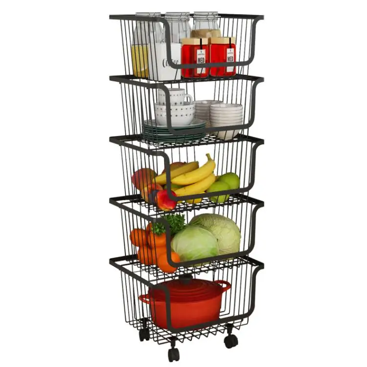 Rolling Stackable Baskets 5 Tiers Black Coating Utility Storage Cart