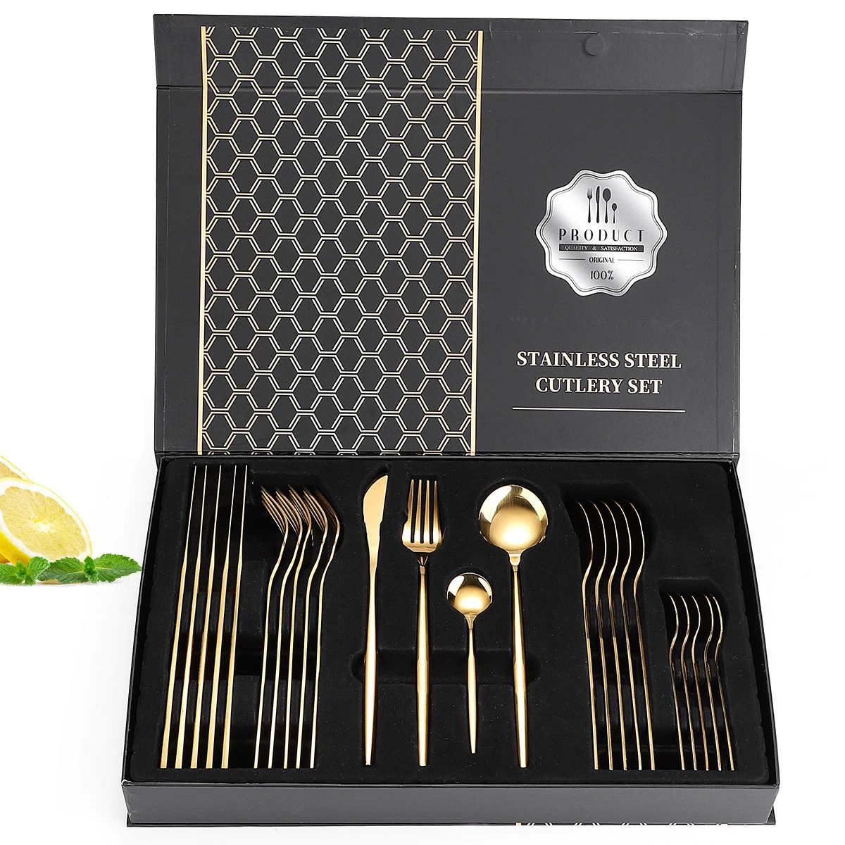 

Amazon hot selling fork knife and spoon set 24 pcs stainless steel gold plated cutlery flatware set, service for 6 person
