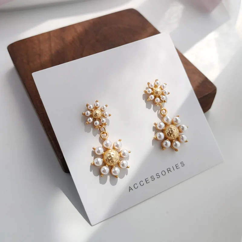 

Vintage Baroque Style S925 Double Flower Drop Stud Earring Pearl Sunflower Earring