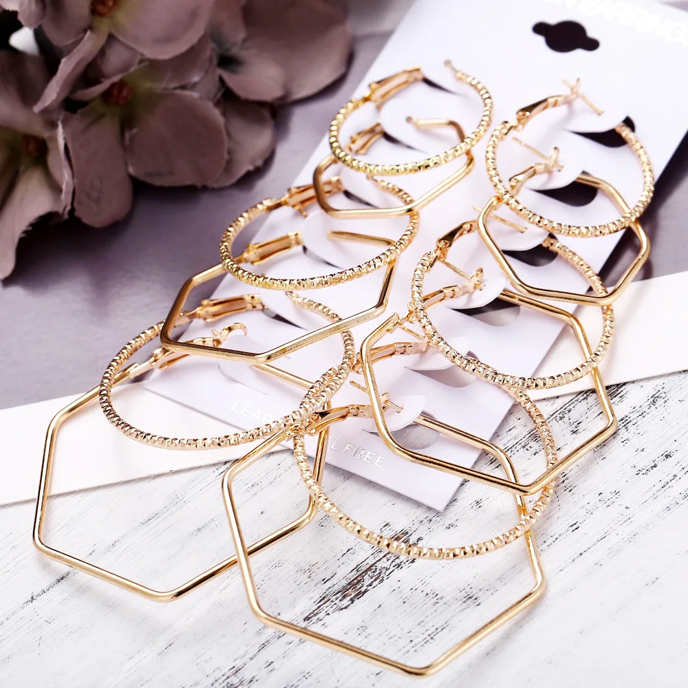 

Fashion Hoop Earring Set Irregular Hexagon Round Big Alloy Geometric Earrings for Women Gold Exaggerated Jewelry Gift