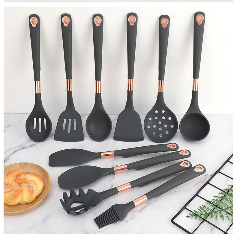 

New Heat-resistant Non Stick Kitchen Accessories Spatula Skimmer Ladle Cooking Tools 10pcs Copper Silicone Kitchen Utensils Set, Black/gold