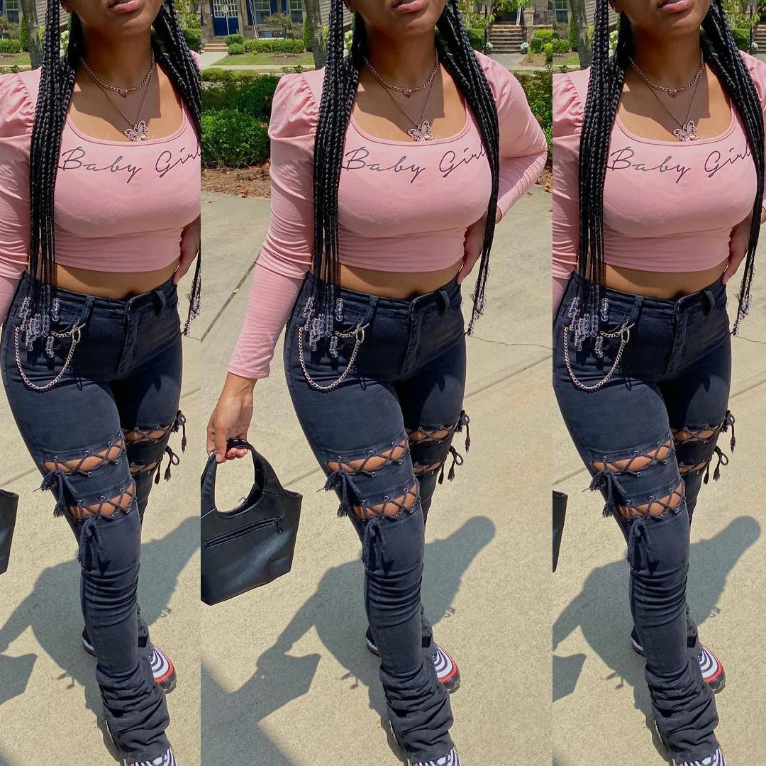 

Spring new trendy women's sexy ripped bandage jeans hollow out stacked jeans