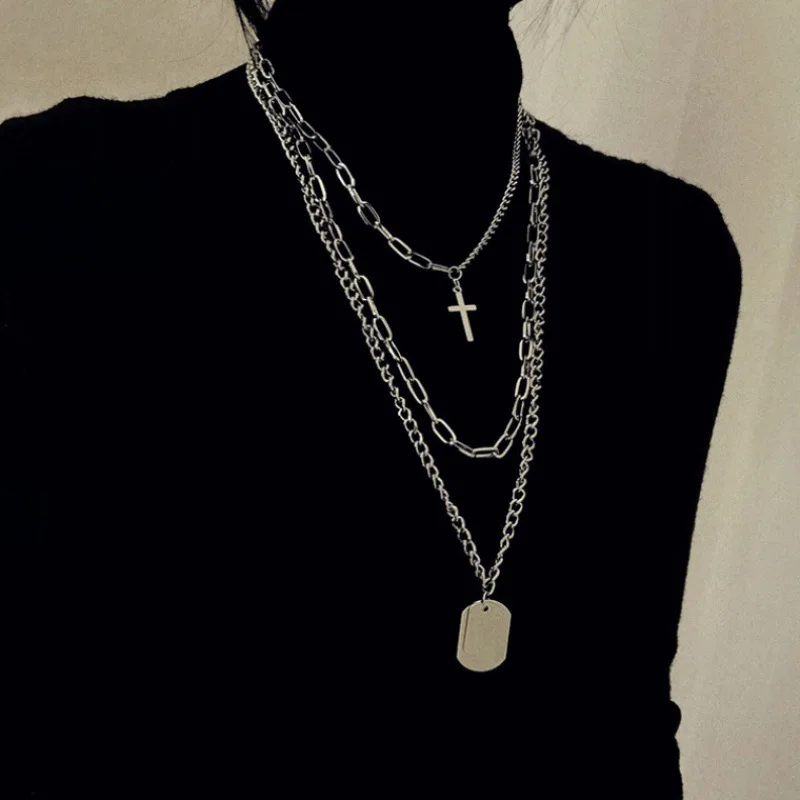 

Multilayers Punk Chains Cross Necklace Couple Fashion Street Hip Hop Geometric Metal Pendant Necklaces for Women, Picture