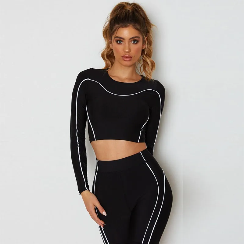 

Hot Sale Side Reflective Stripe Long Sleeve Crop Yoga Shorts Pants Sets